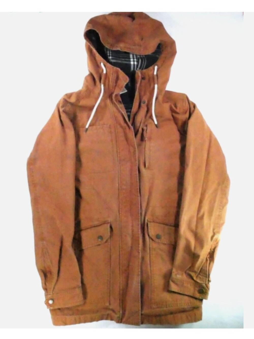 Duluth Trading Co. Flannel-Lined Can-Do Canvas Jacket Hooded Brown Orange Sz S